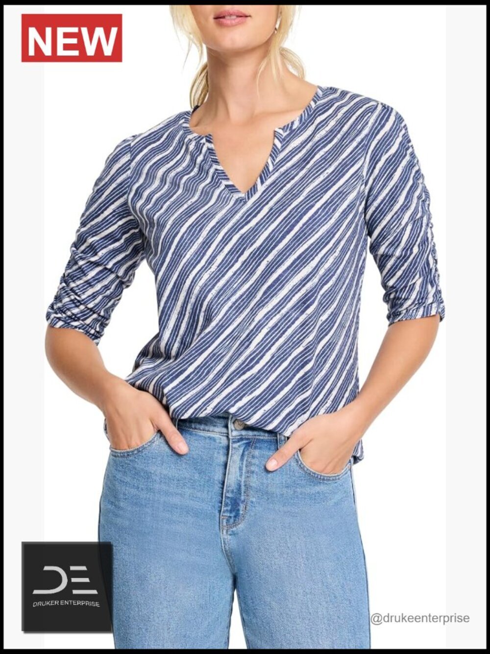 Mixed Stripe Ruched Sleeve Tee